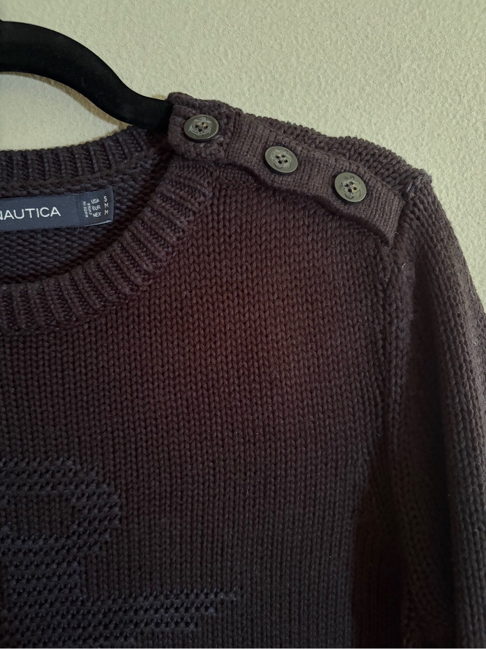 Nautica Anchor Knit Sweater Navy 100% Cotton Crewneck Shoulder Button Nautical - Picture 6 of 14